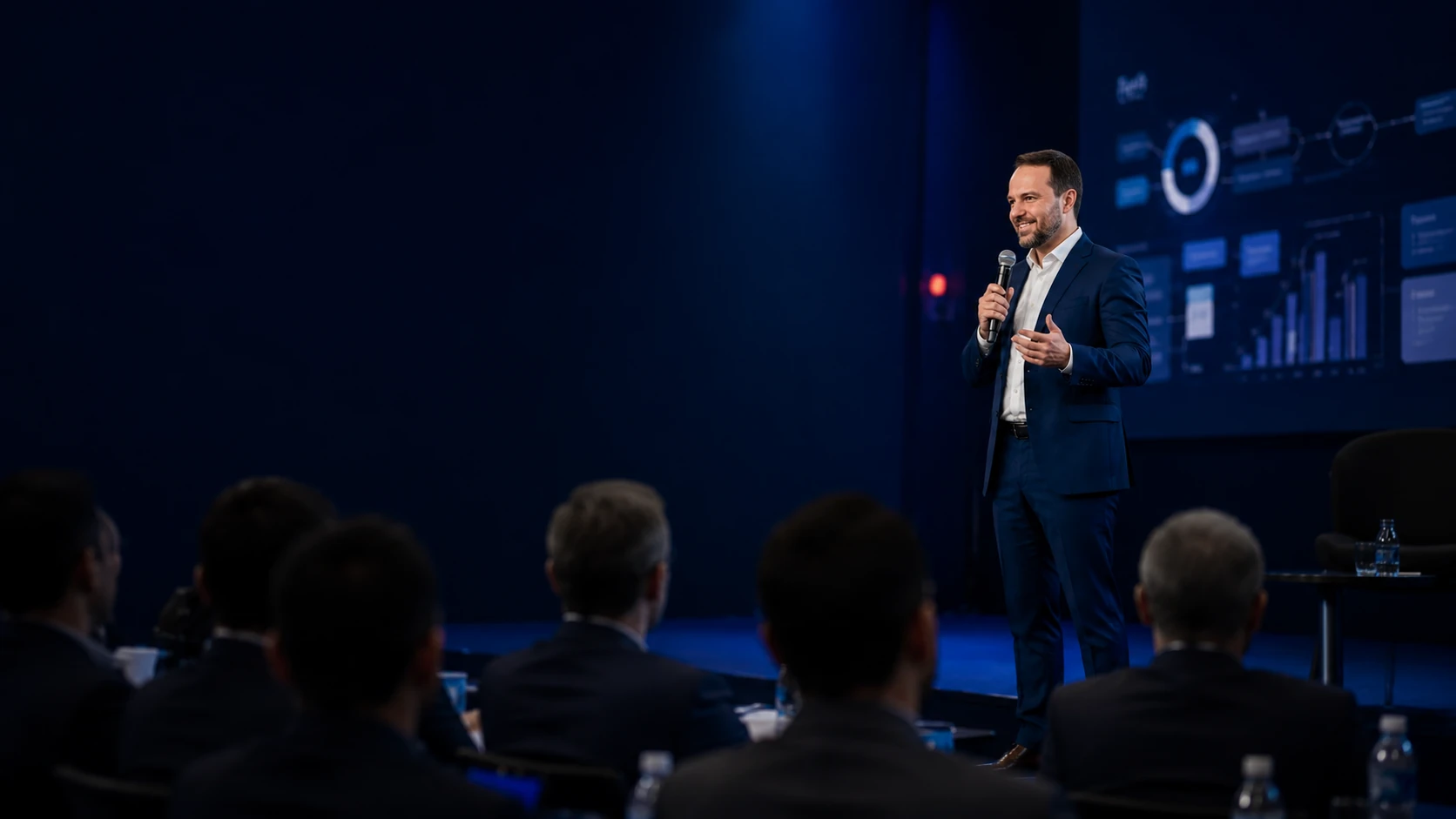 Cláudio Boros, instrutor credenciado pelo PMI, apresentando em palco